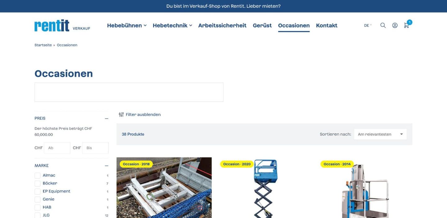 Occasionen-Übersicht mit Filtern nach Preis und Marke