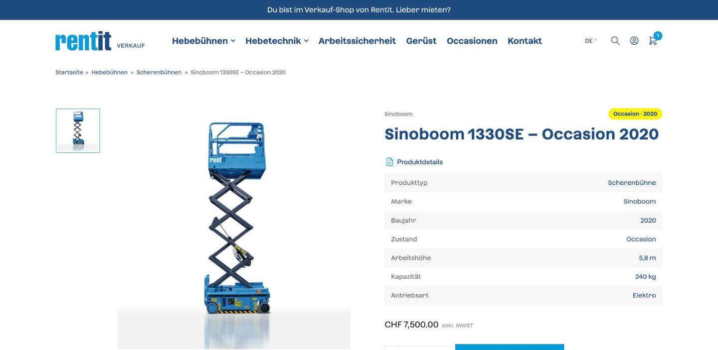 Produktseite mit Datenblatt und Preis